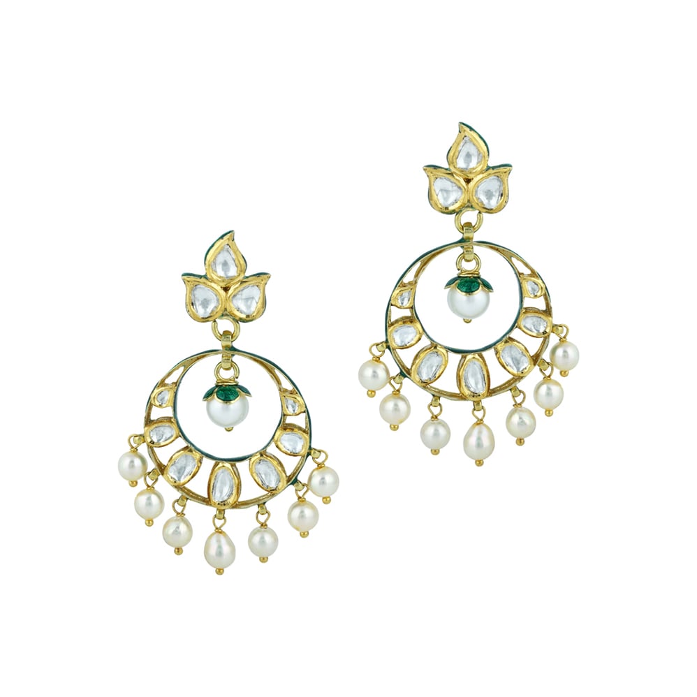 Polki Chandbali Earrings with Petal Studs and Pearl Drops